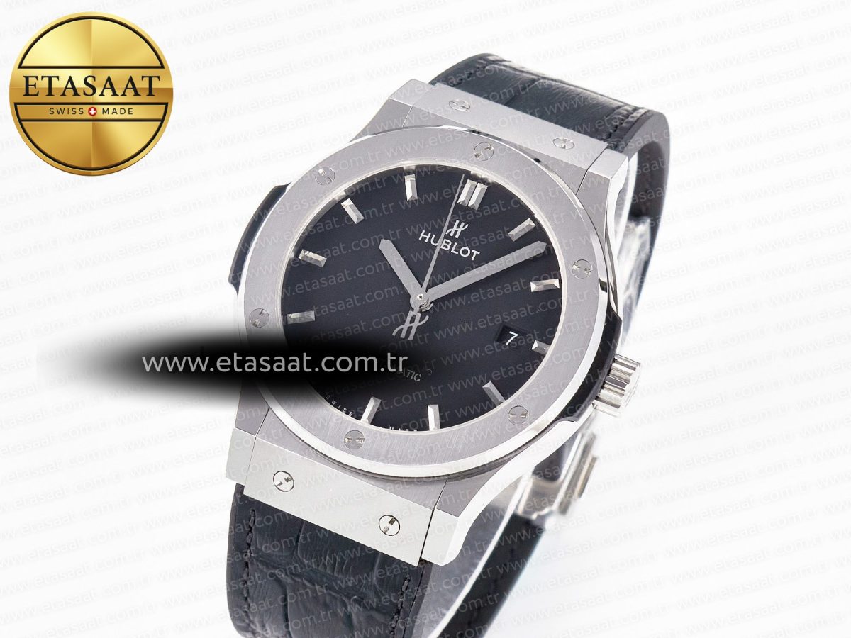 Hublot Classic Fusion 42mm SS JJF 1:1 Best Edition Black Dial on Black Gummy Leather Strap - Görsel 2