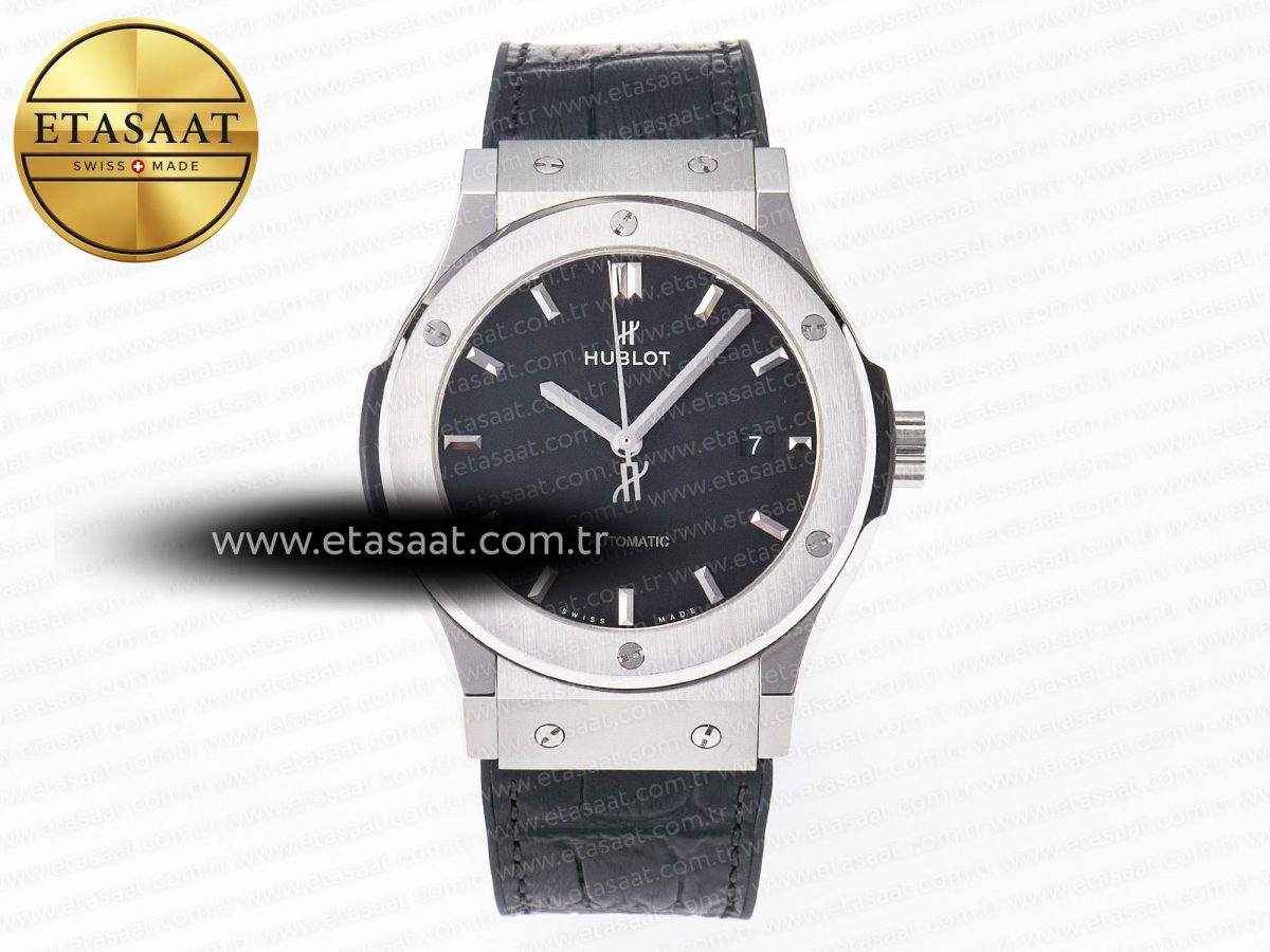 Hublot Classic Fusion 42mm SS JJF 1:1 Best Edition Black Dial on Black Gummy Leather Strap - Görsel 3