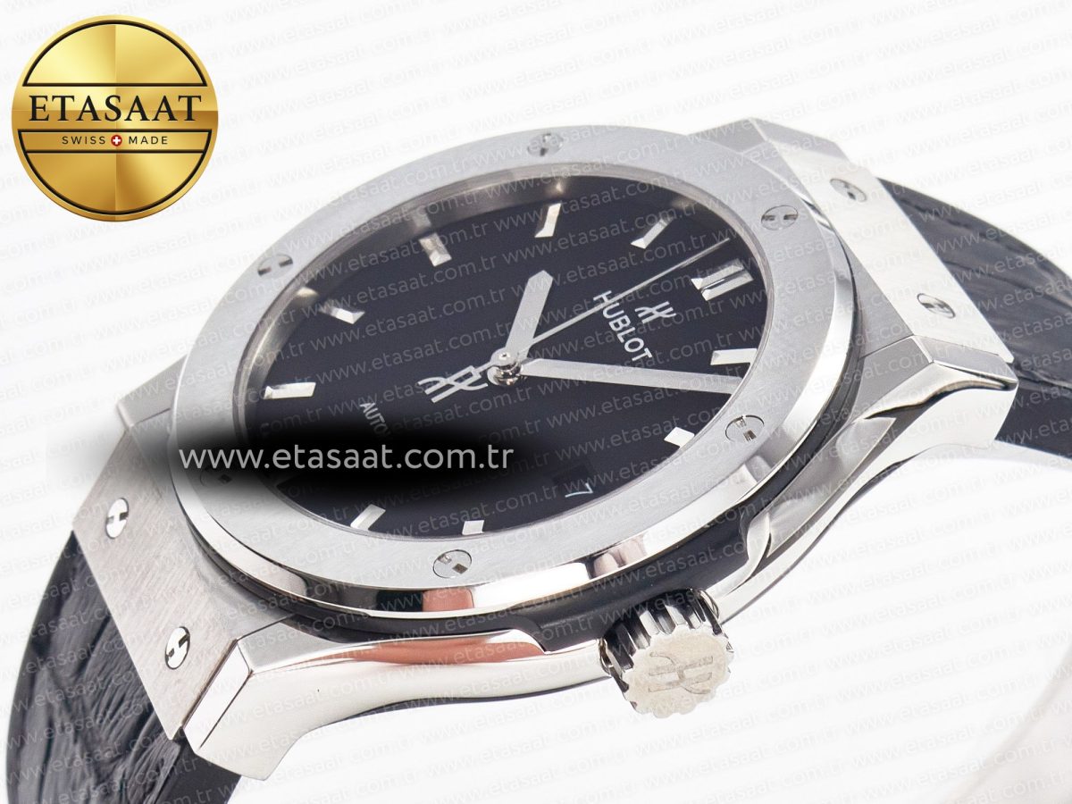 Hublot Classic Fusion 42mm SS JJF 1:1 Best Edition Black Dial on Black Gummy Leather Strap - Görsel 6