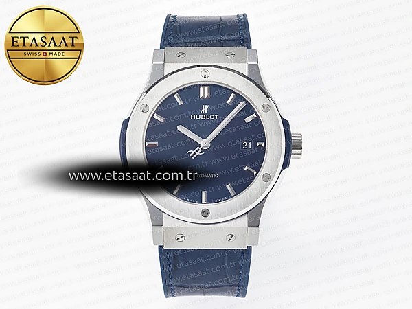 Hublot Classic Fusion 42mm JJF Mavi Kadran Gummy Kayış Eta Saat - 1:1 Süper Klon Replika Saat