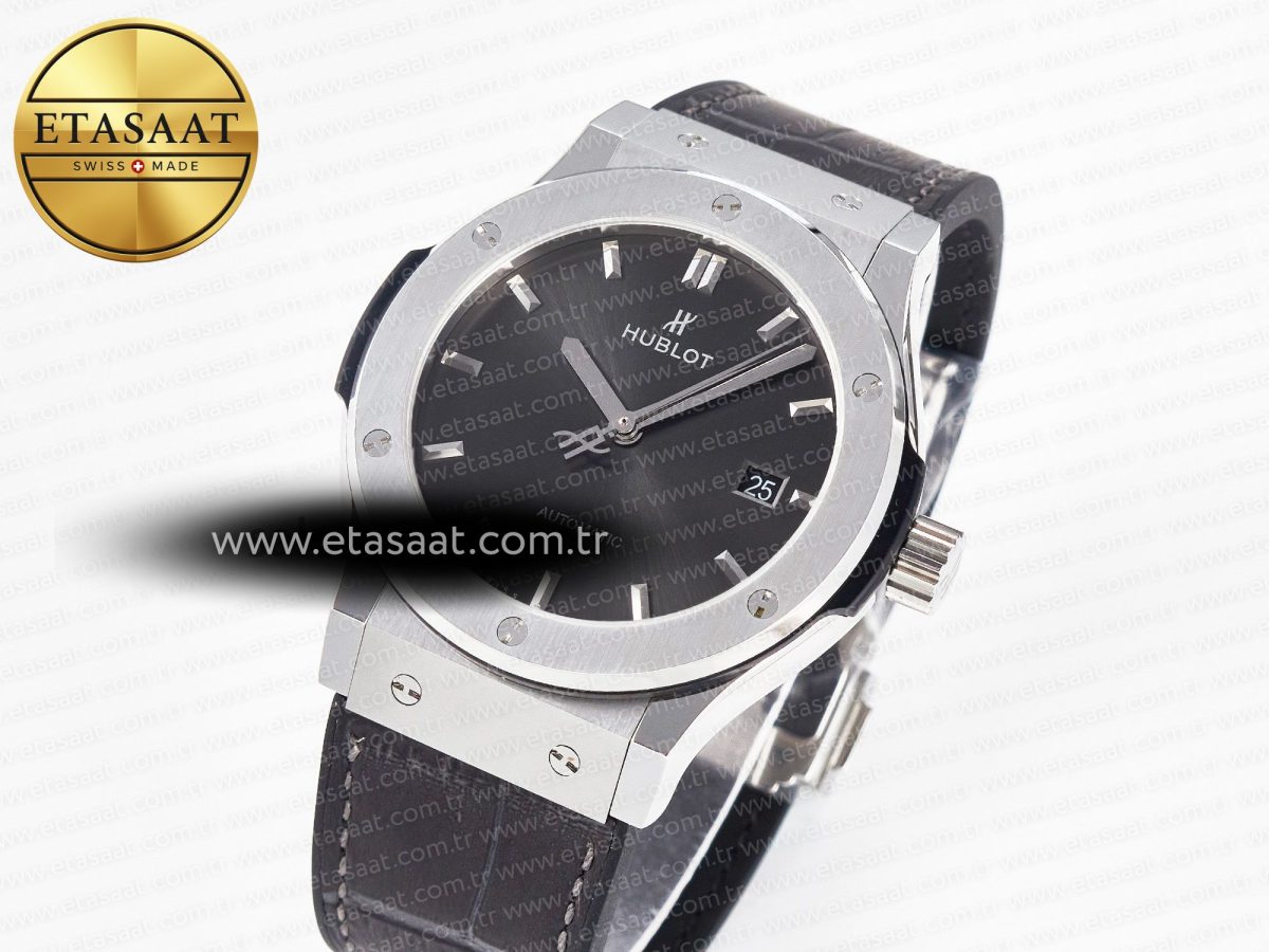 Hublot Classic Fusion 42mm SS JJF 1:1 Best Edition Gray Dial on Black Gummy Leather Strap - Görsel 2