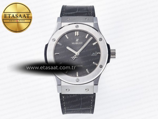 Hublot Classic Fusion 42mm SS JJF Gri Kadran Siyah Deri Eta Saat - 1:1 Süper Klon Replika Saat