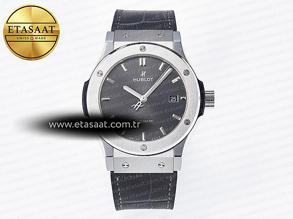 Hublot Classic Fusion 42mm SS JJF Gri Kadran Siyah Deri Eta Saat - 1:1 Süper Klon Replika Saat