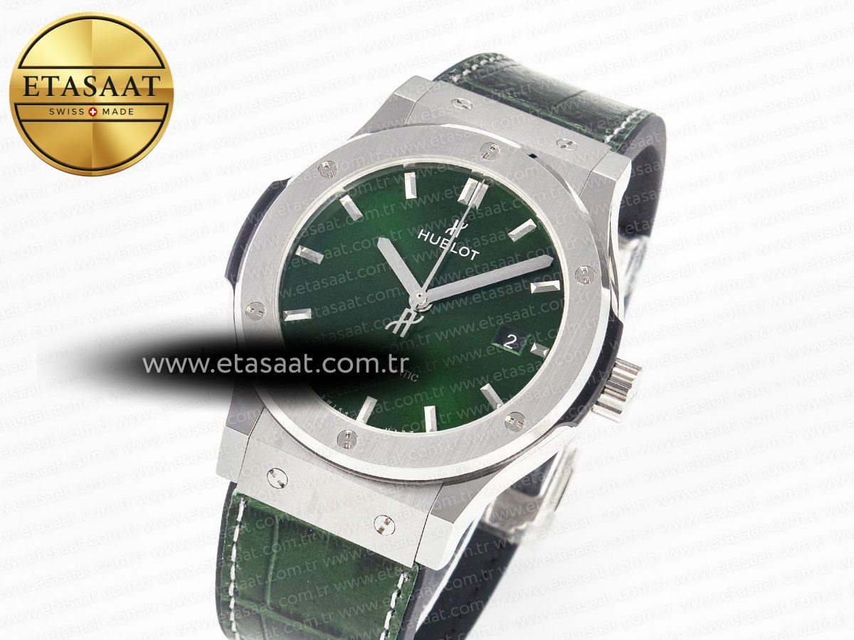 Hublot Classic Fusion 42mm SS JJF 1:1 Best Edition Green Dial on Green Gummy Leather Strap - Görsel 1