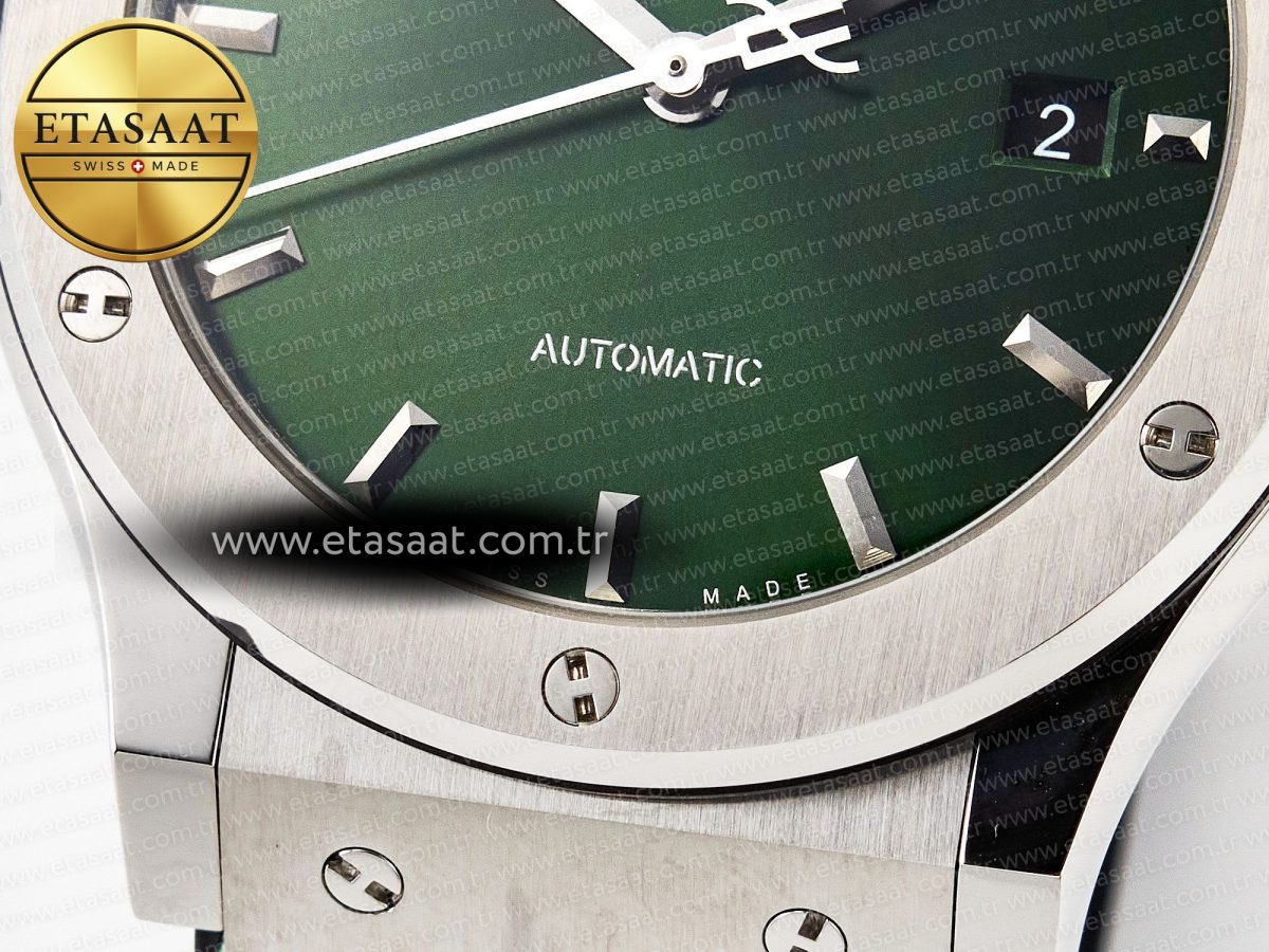 Hublot Classic Fusion 42mm SS JJF 1:1 Best Edition Green Dial on Green Gummy Leather Strap - Görsel 13