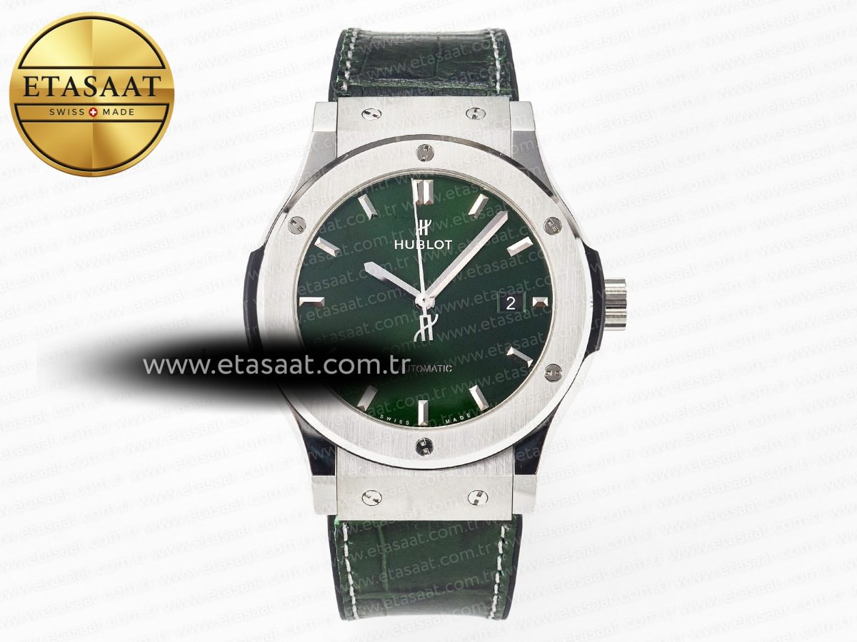 Hublot Classic Fusion 42mm SS JJF 1:1 Best Edition Green Dial on Green Gummy Leather Strap - Görsel 3