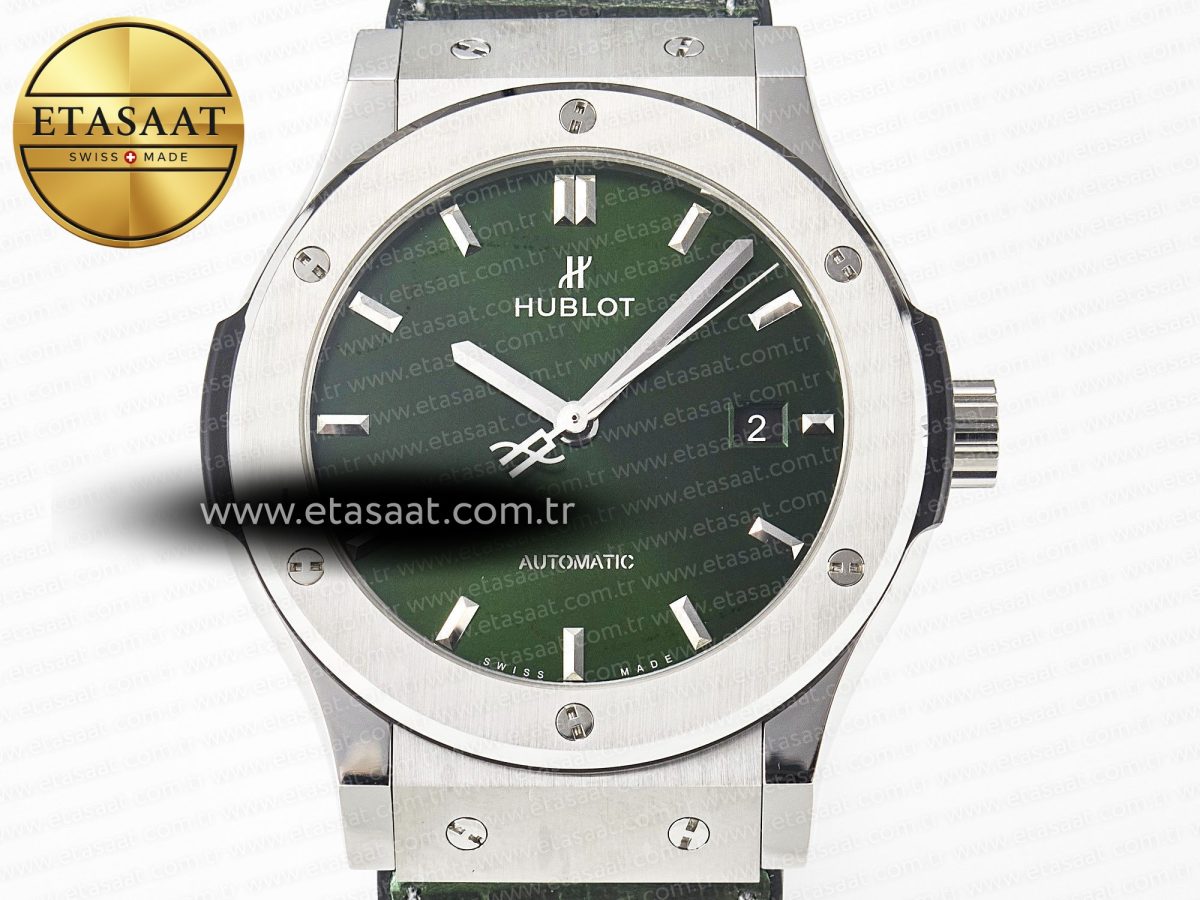 Hublot Classic Fusion 42mm SS JJF 1:1 Best Edition Green Dial on Green Gummy Leather Strap - Görsel 4