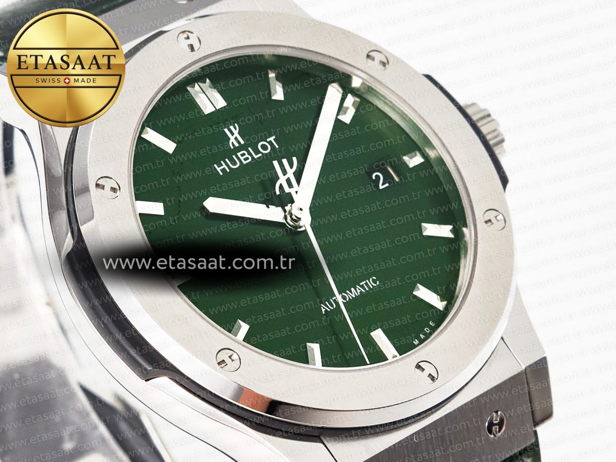 Hublot Classic Fusion 42mm SS JJF 1:1 Best Edition Green Dial on Green Gummy Leather Strap - Görsel 5