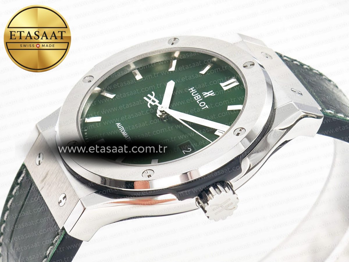 Hublot Classic Fusion 42mm SS JJF 1:1 Best Edition Green Dial on Green Gummy Leather Strap - Görsel 6