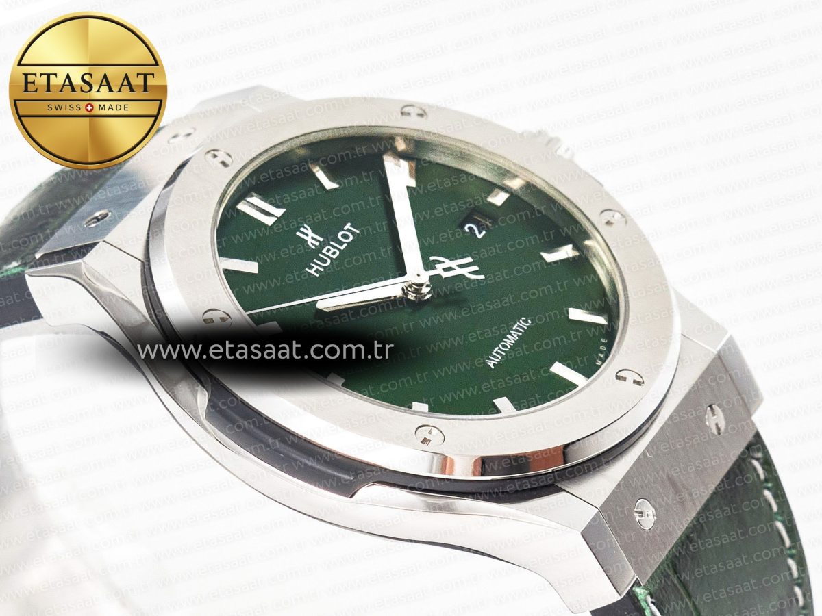 Hublot Classic Fusion 42mm SS JJF 1:1 Best Edition Green Dial on Green Gummy Leather Strap - Görsel 7