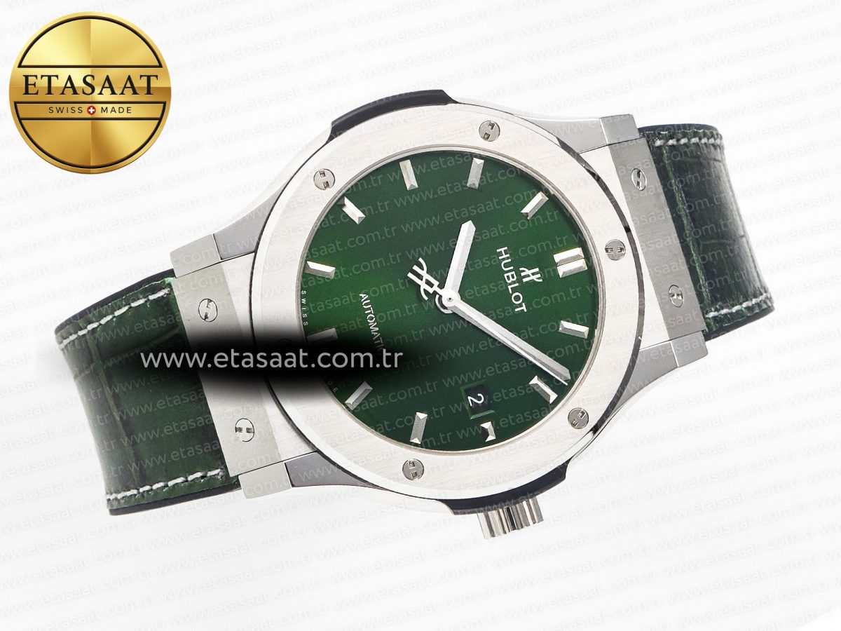Hublot Classic Fusion 42mm SS JJF 1:1 Best Edition Green Dial on Green Gummy Leather Strap - Görsel 8