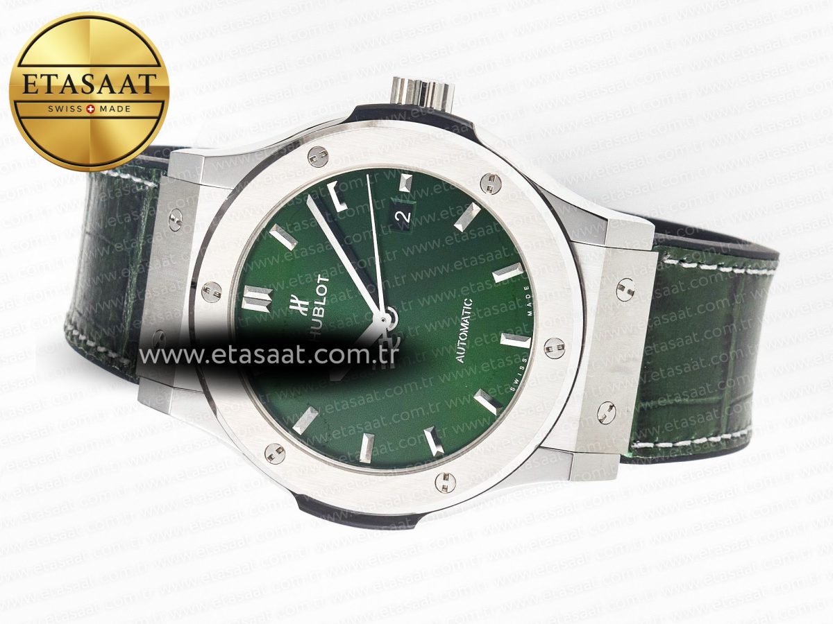 Hublot Classic Fusion 42mm SS JJF 1:1 Best Edition Green Dial on Green Gummy Leather Strap - Görsel 9