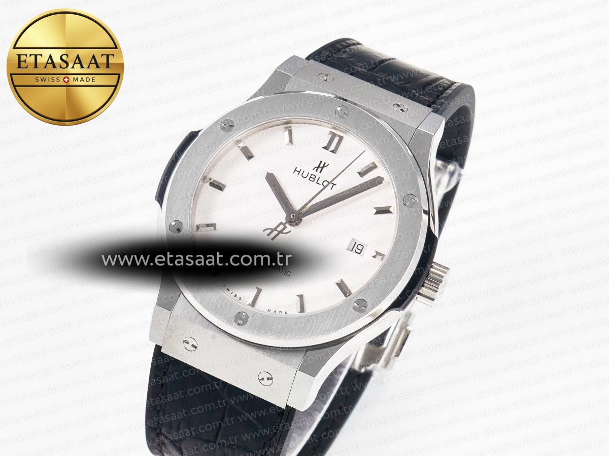 Hublot Classic Fusion 42mm SS JJF 1:1 Best Edition White Dial on Black Gummy Leather Strap - Görsel 1