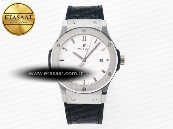 Hublot Classic Fusion 42mm SS JJF Beyaz Kadran Siyah Deri Eta Saat - 1:1 Süper Klon Replika Saat