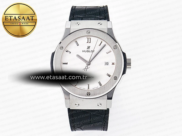 Hublot Classic Fusion 42mm SS JJF Beyaz Kadran Siyah Deri Eta Saat - 1:1 Süper Klon Replika Saat