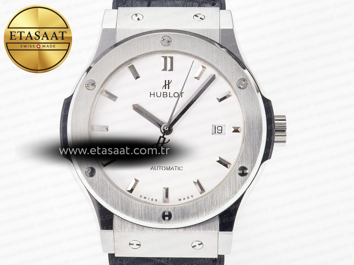 Hublot Classic Fusion 42mm SS JJF 1:1 Best Edition White Dial on Black Gummy Leather Strap - Görsel 4