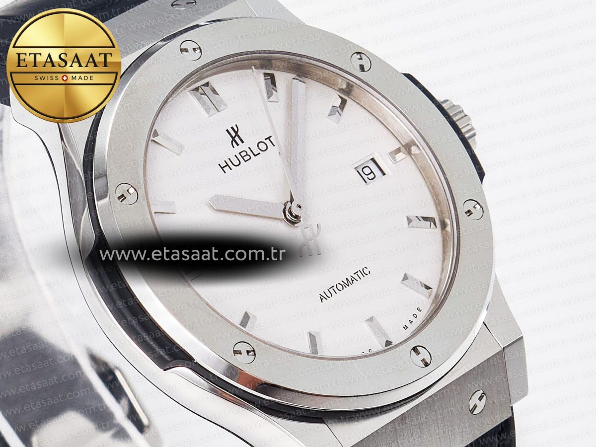 Hublot Classic Fusion 42mm SS JJF 1:1 Best Edition White Dial on Black Gummy Leather Strap - Görsel 5