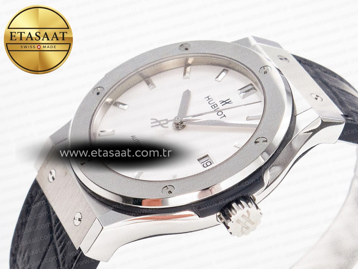 Hublot Classic Fusion 42mm SS JJF 1:1 Best Edition White Dial on Black Gummy Leather Strap - Görsel 6