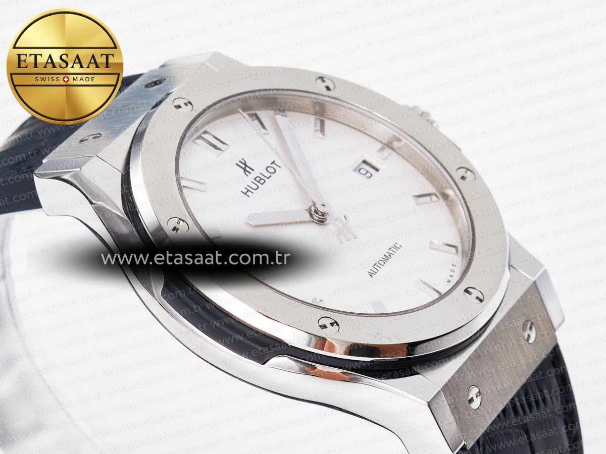 Hublot Classic Fusion 42mm SS JJF 1:1 Best Edition White Dial on Black Gummy Leather Strap - Görsel 7