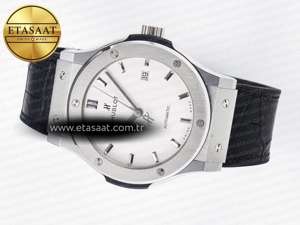 Hublot Classic Fusion 42mm SS JJF 1:1 Best Edition White Dial on Black Gummy Leather Strap - Görsel 9