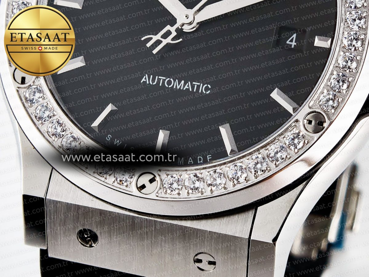 Hublot Classic Fusion Bang 42mm HBF 1:1 Best Edition Black Dial Diamonds Bezel on Black Leather Strap A2892 - Görsel 12