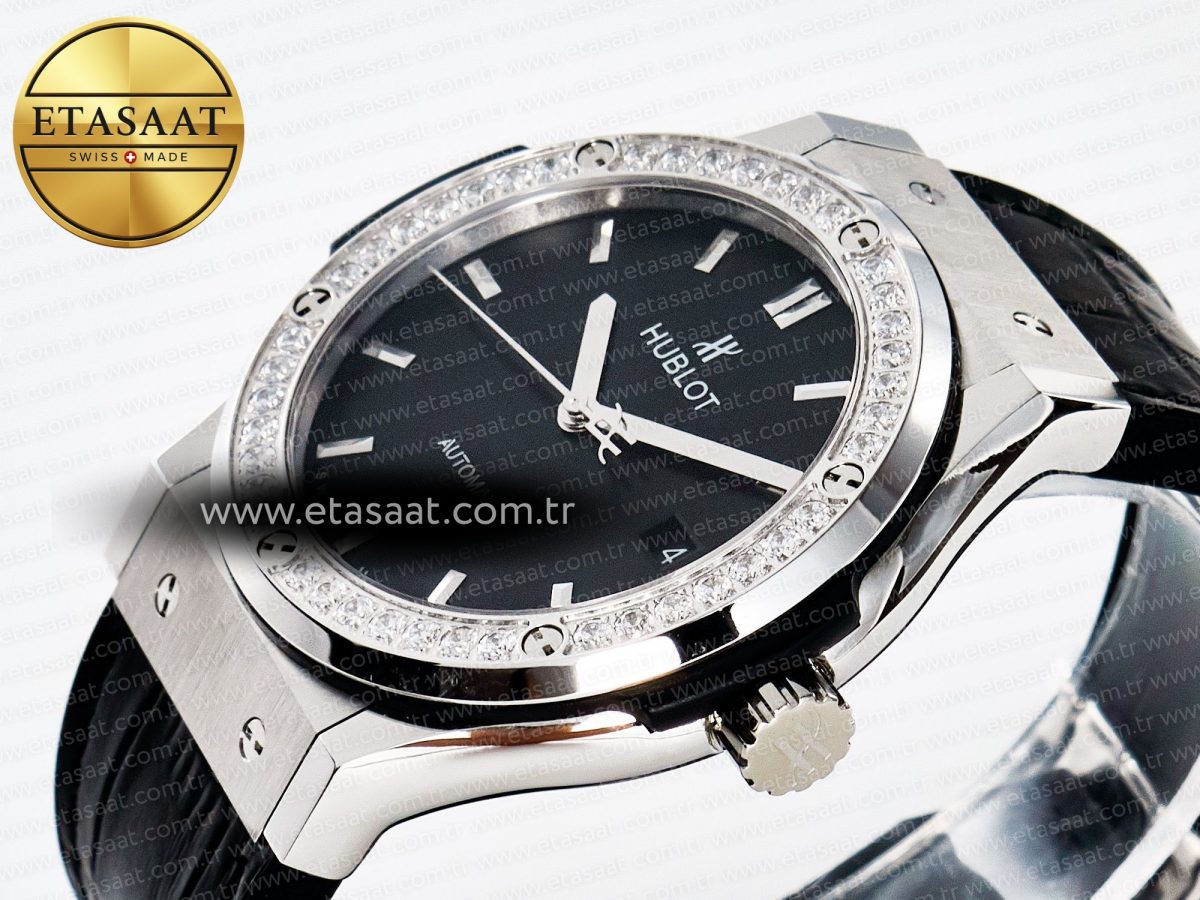 Hublot Classic Fusion Bang 42mm HBF 1:1 Best Edition Black Dial Diamonds Bezel on Black Leather Strap A2892 - Görsel 6