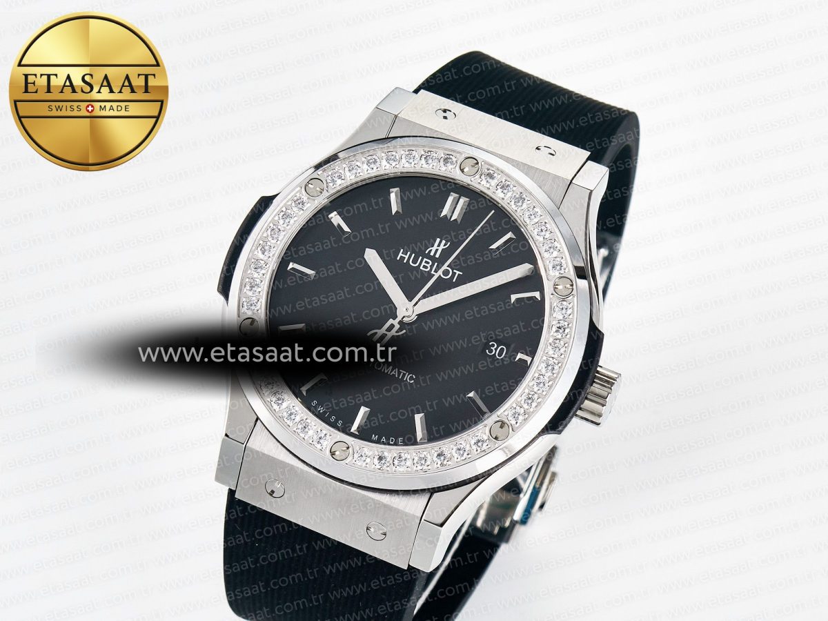 Hublot Classic Fusion Bang 42mm HBF 1:1 Best Edition Black Dial Diamonds Bezel on Black Rubber Strap A2892 - Görsel 1