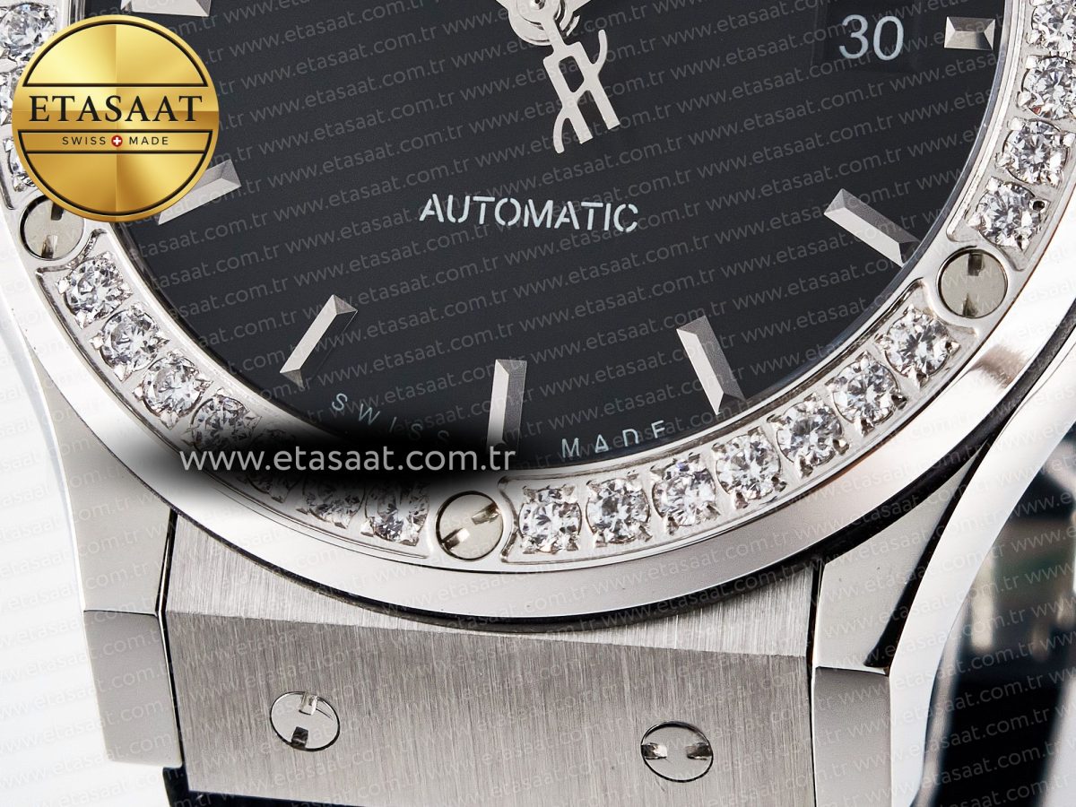 Hublot Classic Fusion Bang 42mm HBF 1:1 Best Edition Black Dial Diamonds Bezel on Black Rubber Strap A2892 - Görsel 12