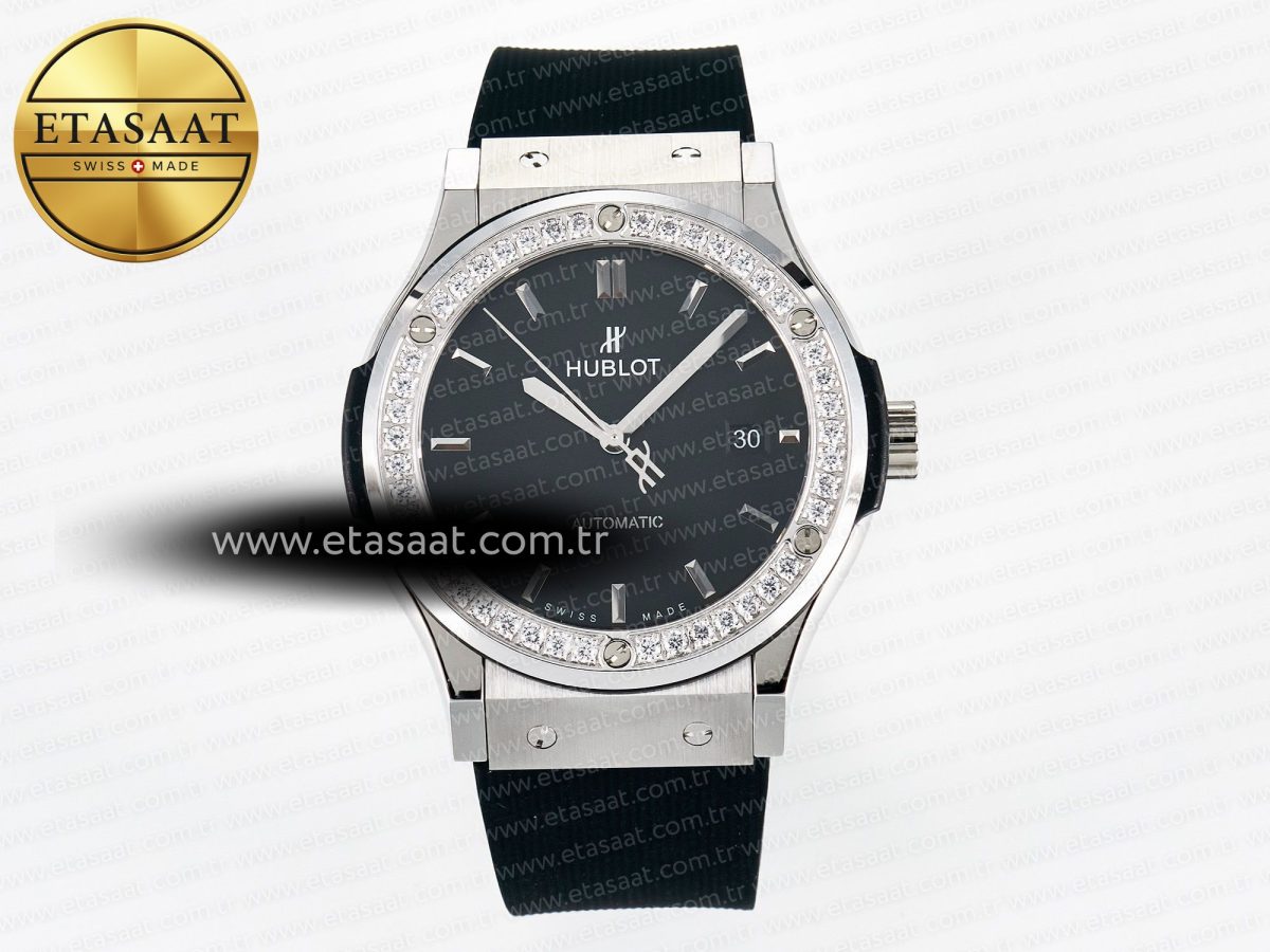 Hublot Classic Fusion Bang 42mm HBF 1:1 Best Edition Black Dial Diamonds Bezel on Black Rubber Strap A2892 - Görsel 3