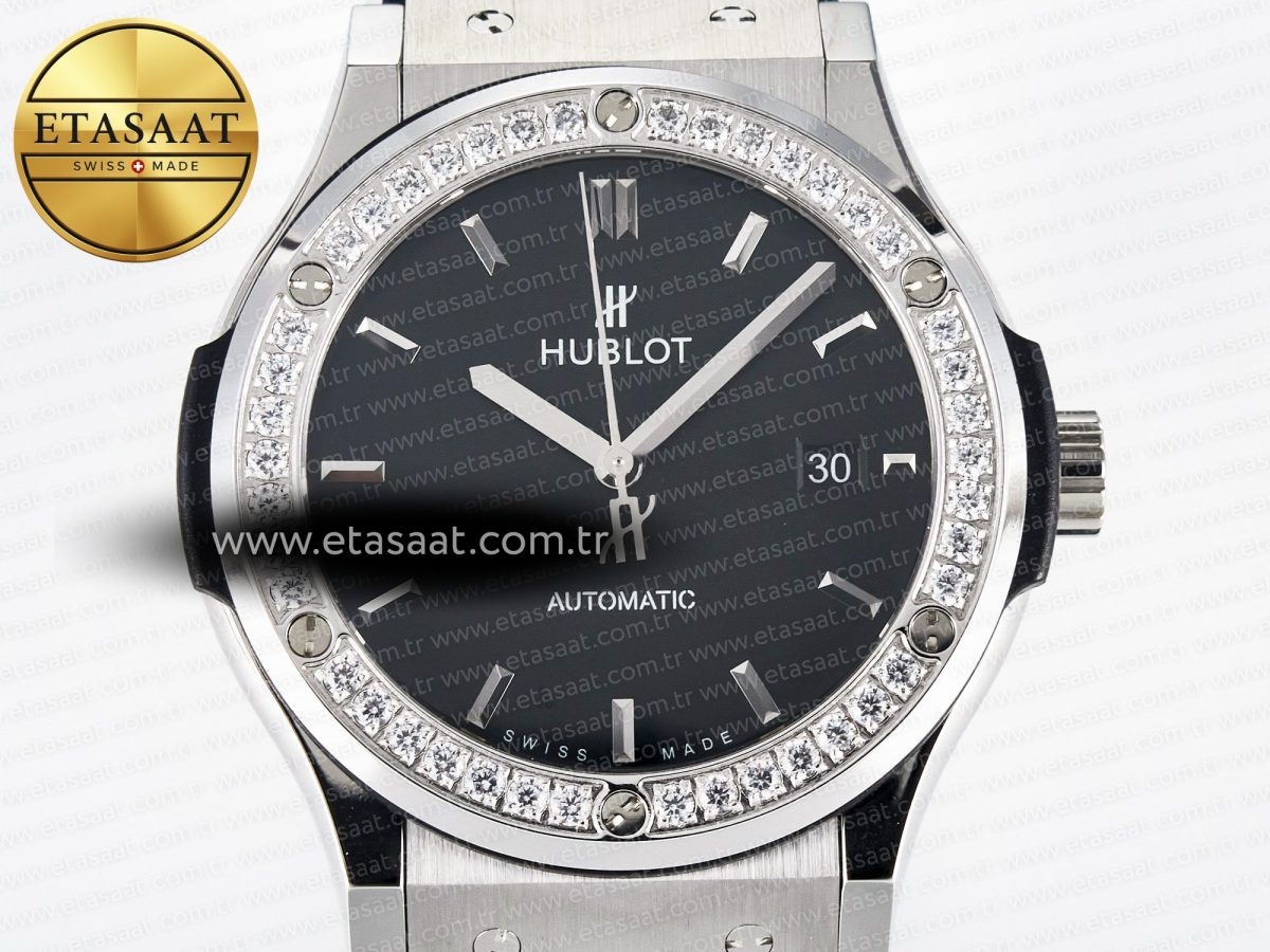 Hublot Classic Fusion Bang 42mm HBF 1:1 Best Edition Black Dial Diamonds Bezel on Black Rubber Strap A2892 - Görsel 4
