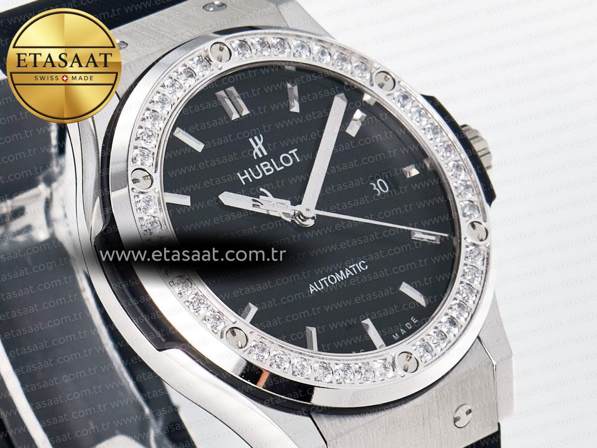 Hublot Classic Fusion Bang 42mm HBF 1:1 Best Edition Black Dial Diamonds Bezel on Black Rubber Strap A2892 - Görsel 5