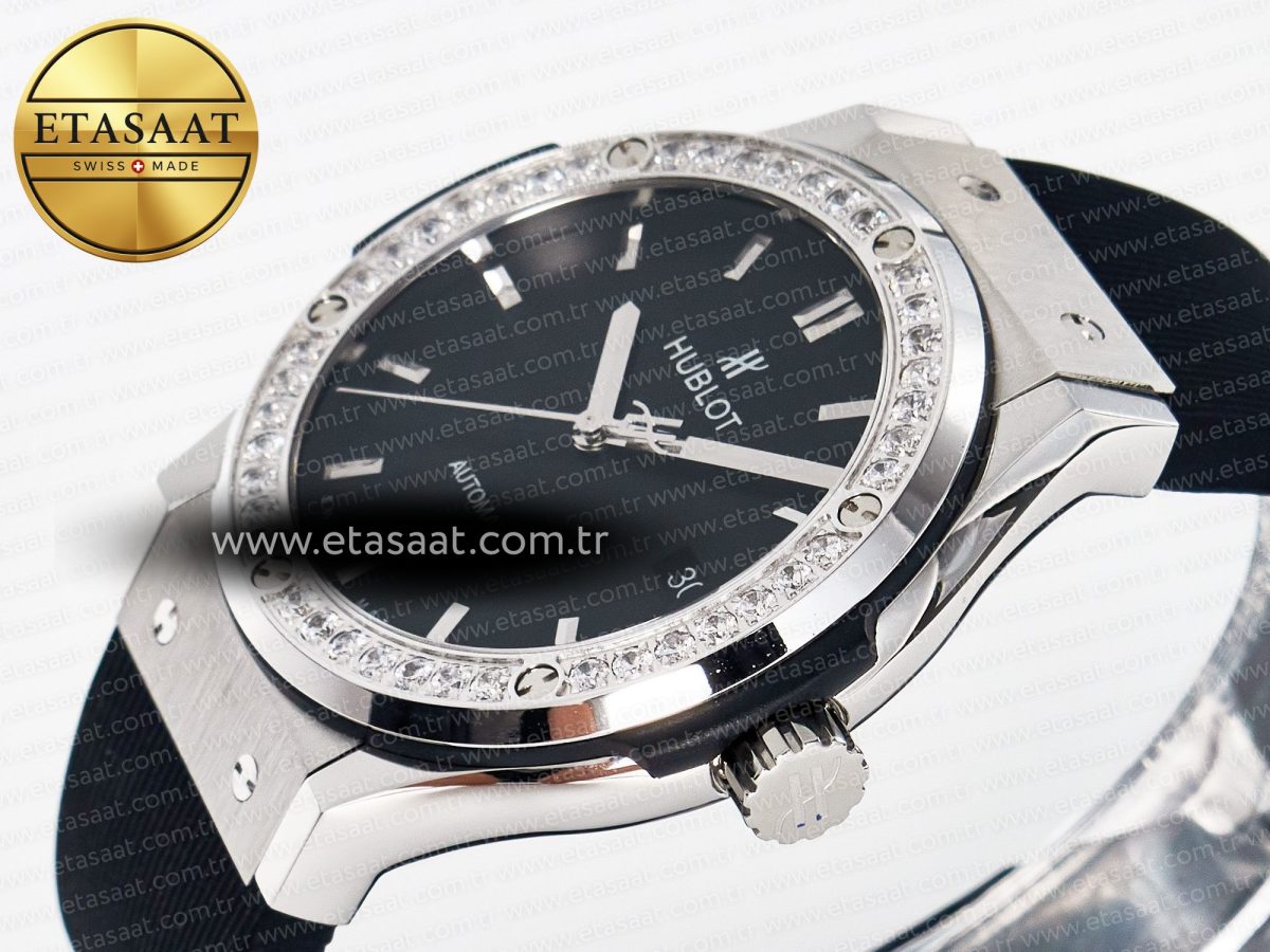 Hublot Classic Fusion Bang 42mm HBF 1:1 Best Edition Black Dial Diamonds Bezel on Black Rubber Strap A2892 - Görsel 6