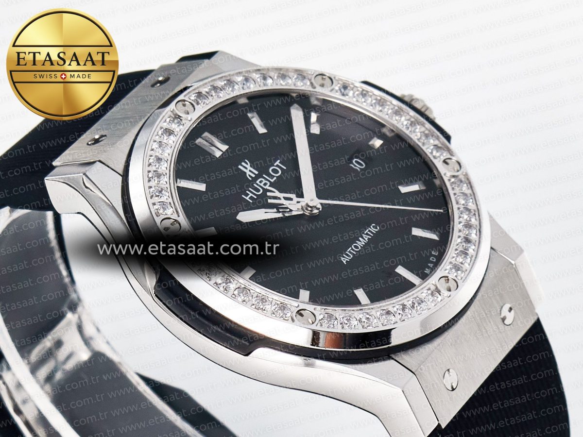 Hublot Classic Fusion Bang 42mm HBF 1:1 Best Edition Black Dial Diamonds Bezel on Black Rubber Strap A2892 - Görsel 7