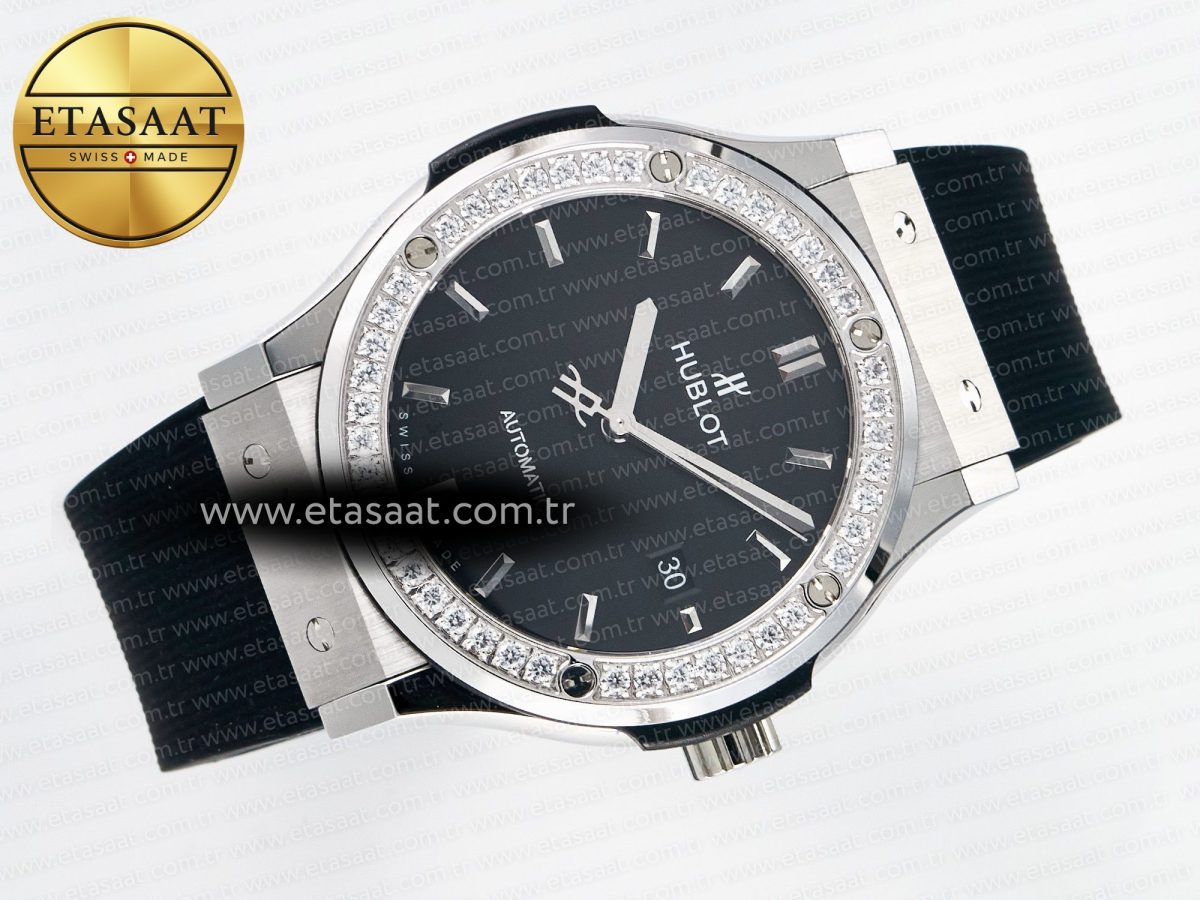 Hublot Classic Fusion Bang 42mm HBF 1:1 Best Edition Black Dial Diamonds Bezel on Black Rubber Strap A2892 - Görsel 8