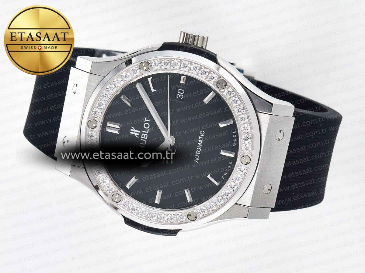 Hublot Classic Fusion Bang 42mm HBF 1:1 Best Edition Black Dial Diamonds Bezel on Black Rubber Strap A2892 - Görsel 9