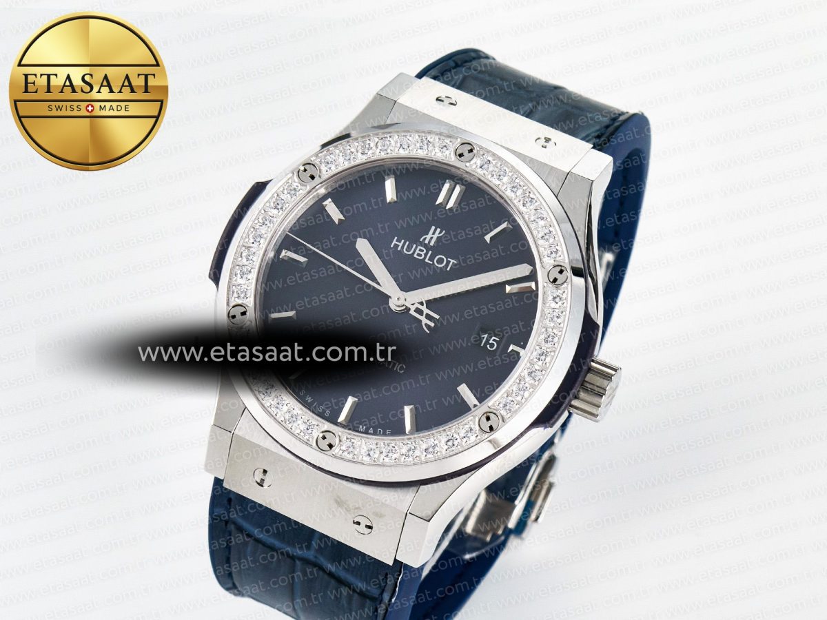 Hublot Classic Fusion Bang 42mm HBF 1:1 Best Edition Blue Dial Diamonds Bezel on Blue Leather Strap A2892 - Görsel 1