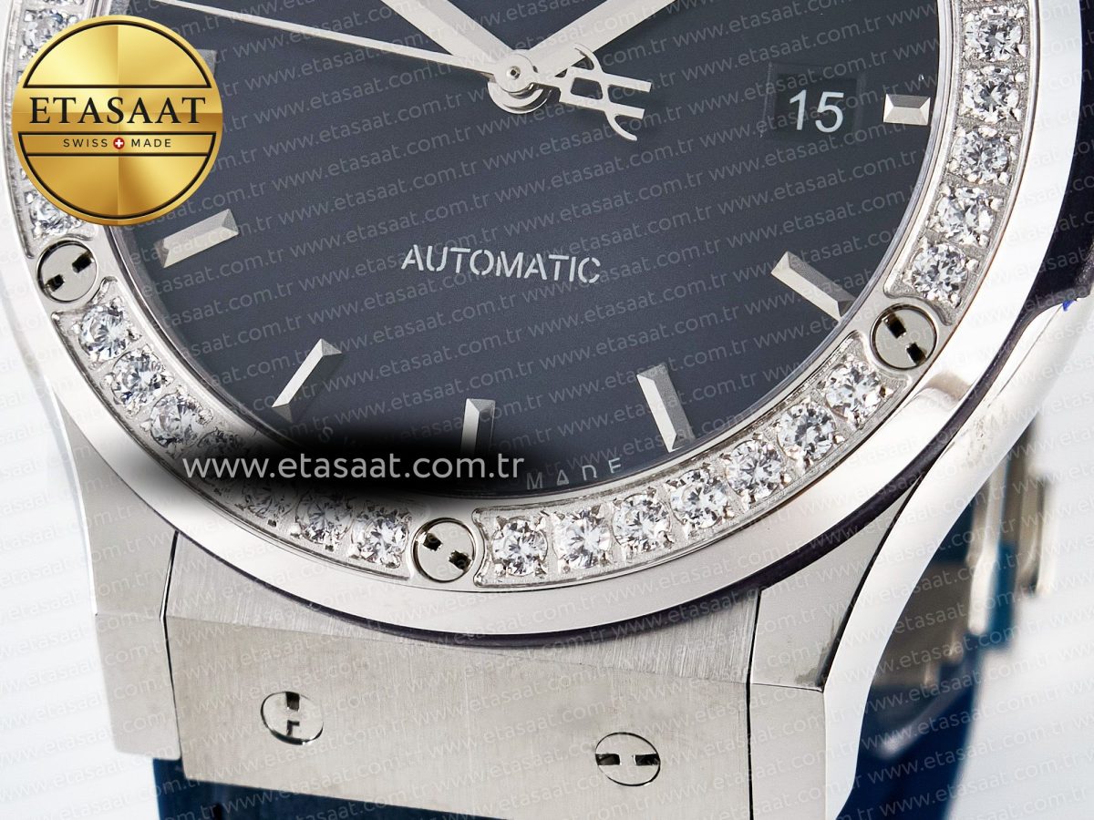 Hublot Classic Fusion Bang 42mm HBF 1:1 Best Edition Blue Dial Diamonds Bezel on Blue Leather Strap A2892 - Görsel 12
