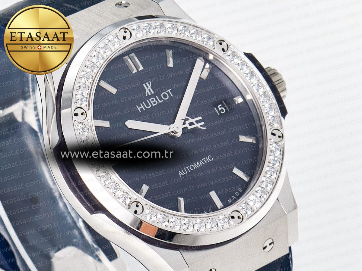 Hublot Classic Fusion Bang 42mm HBF 1:1 Best Edition Blue Dial Diamonds Bezel on Blue Leather Strap A2892 - Görsel 5
