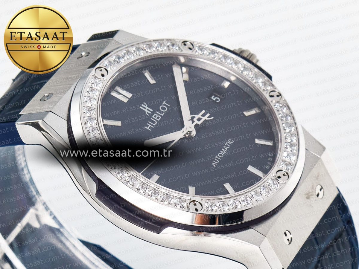 Hublot Classic Fusion Bang 42mm HBF 1:1 Best Edition Blue Dial Diamonds Bezel on Blue Leather Strap A2892 - Görsel 7