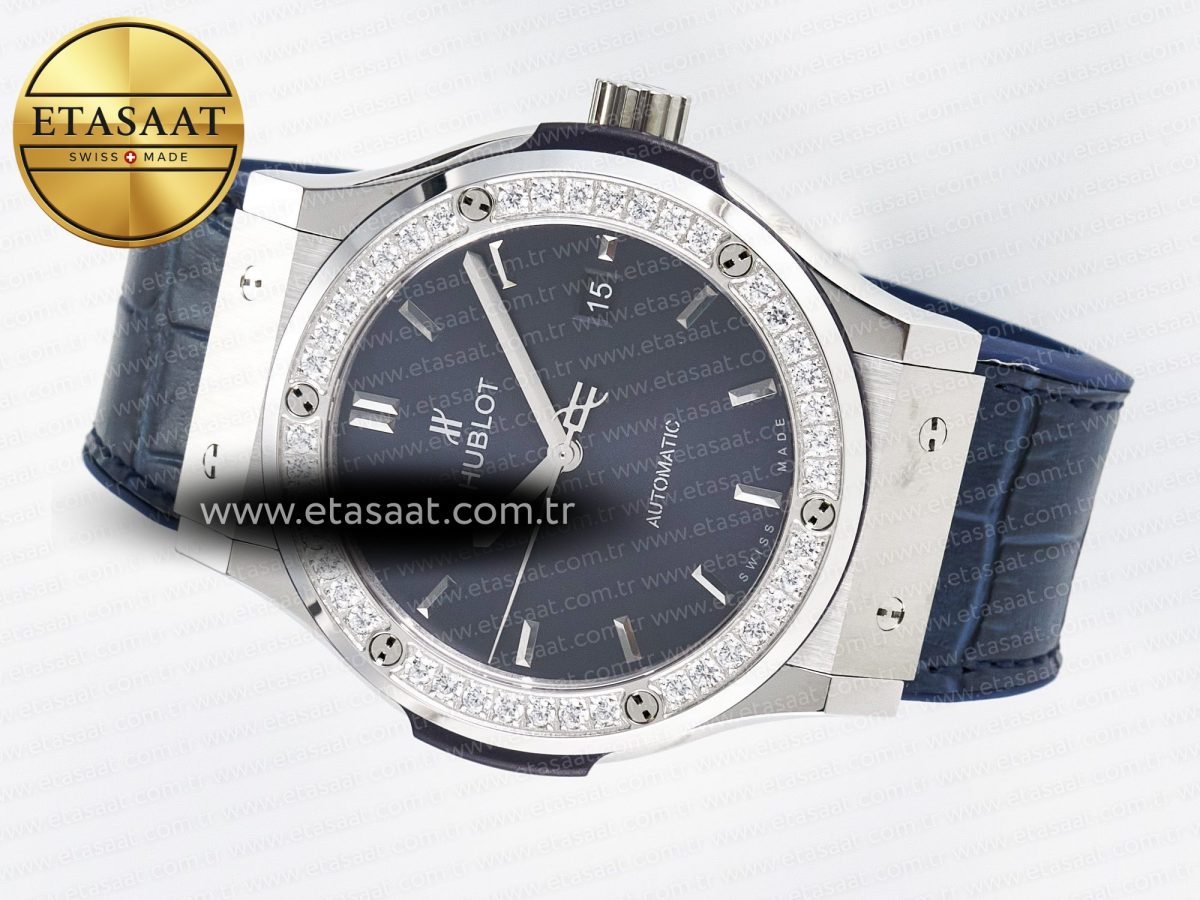 Hublot Classic Fusion Bang 42mm HBF 1:1 Best Edition Blue Dial Diamonds Bezel on Blue Leather Strap A2892 - Görsel 9