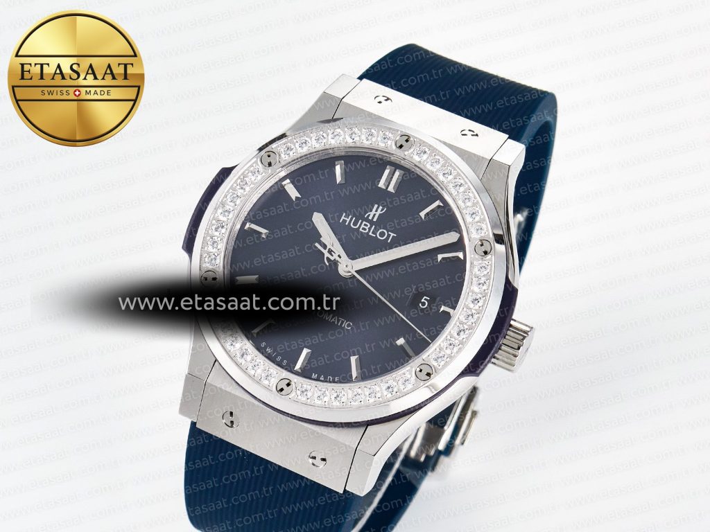 classic fusion bang 42mm hbf 11 best edition blue dial diamonds bezel on blue rubber strap a28921