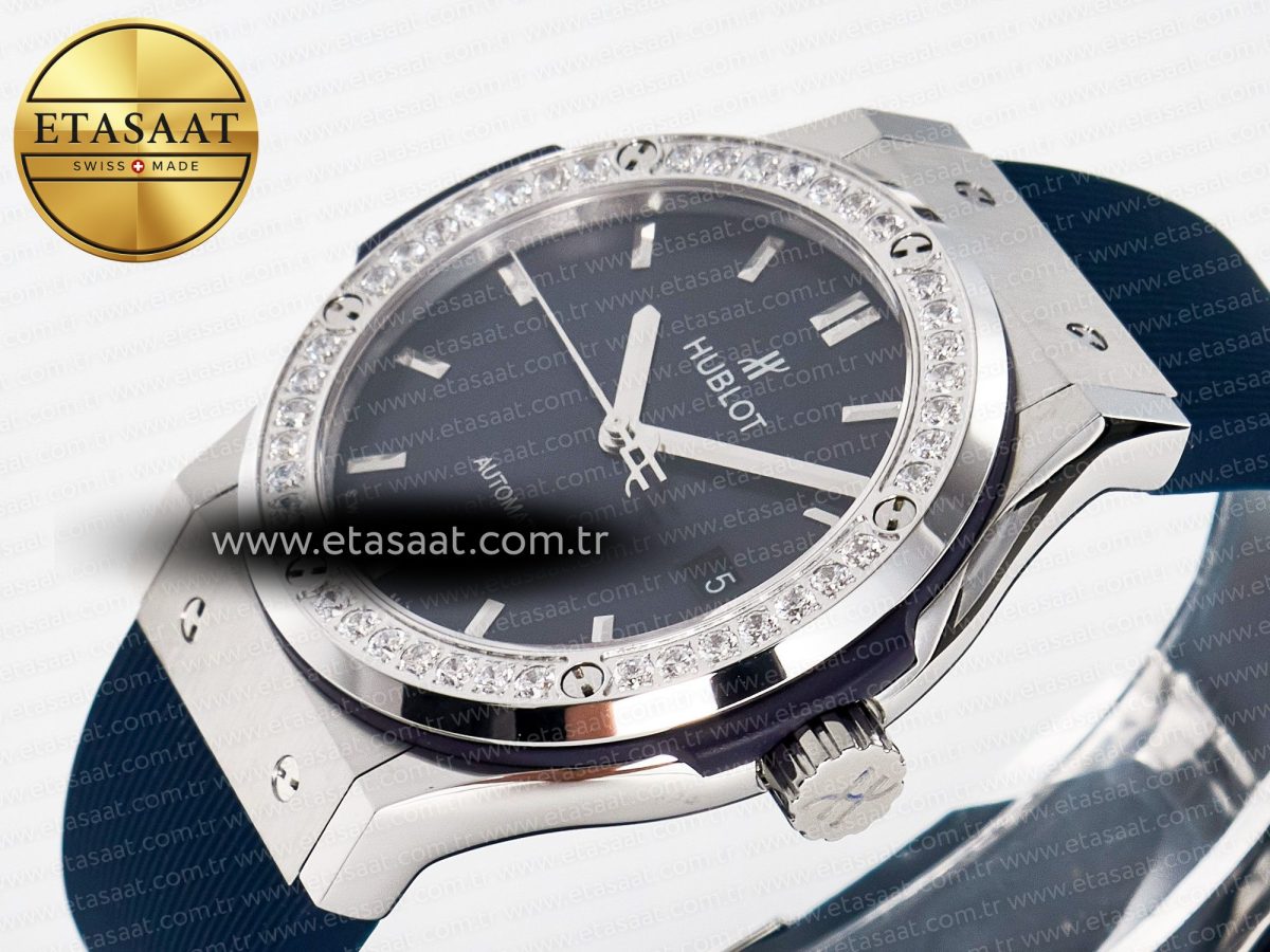 Hublot Classic Fusion Bang 42mm HBF 1:1 Best Edition Blue Dial Diamonds Bezel on Blue Rubber Strap A2892 - Görsel 6