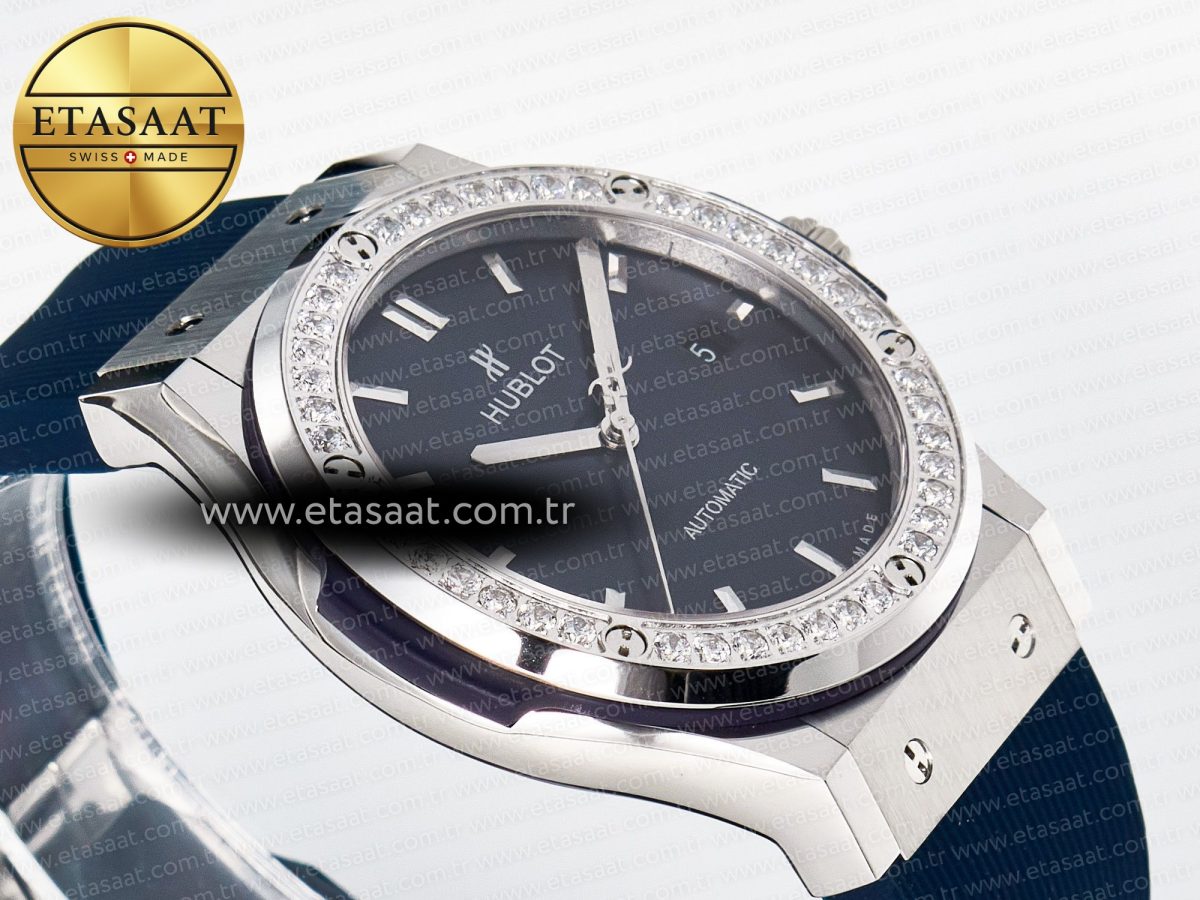 Hublot Classic Fusion Bang 42mm HBF 1:1 Best Edition Blue Dial Diamonds Bezel on Blue Rubber Strap A2892 - Görsel 7