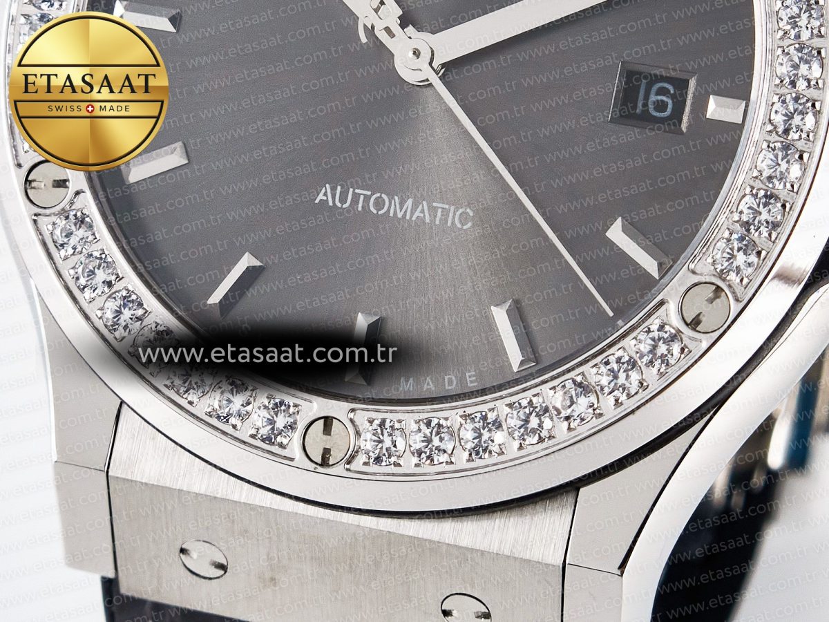 Hublot Classic Fusion Bang 42mm HBF 1:1 Best Edition Gray Dial Diamonds Bezel on Gray Leather Strap A2892 - Görsel 12