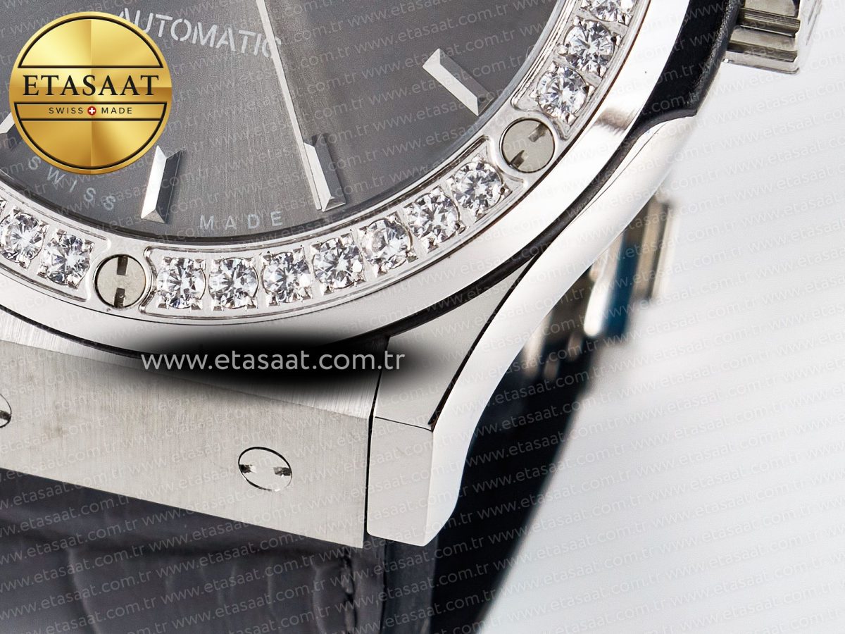 Hublot Classic Fusion Bang 42mm HBF 1:1 Best Edition Gray Dial Diamonds Bezel on Gray Leather Strap A2892 - Görsel 13
