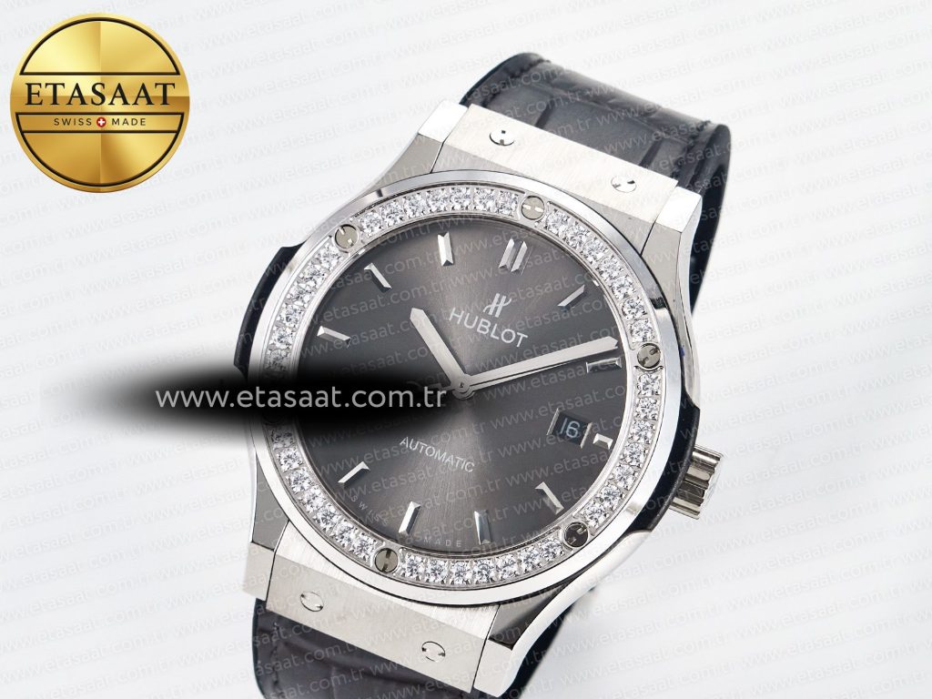 classic fusion bang 42mm hbf 11 best edition gray dial diamonds bezel on gray leather strap a28922