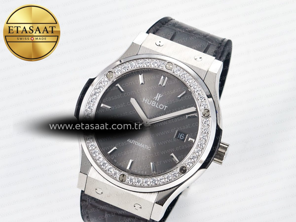 Hublot Classic Fusion Bang 42mm HBF 1:1 Best Edition Gray Dial Diamonds Bezel on Gray Leather Strap A2892 - Görsel 2