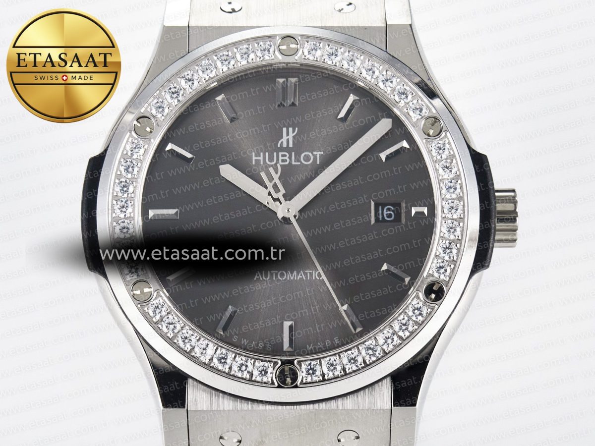 Hublot Classic Fusion Bang 42mm HBF 1:1 Best Edition Gray Dial Diamonds Bezel on Gray Leather Strap A2892 - Görsel 4