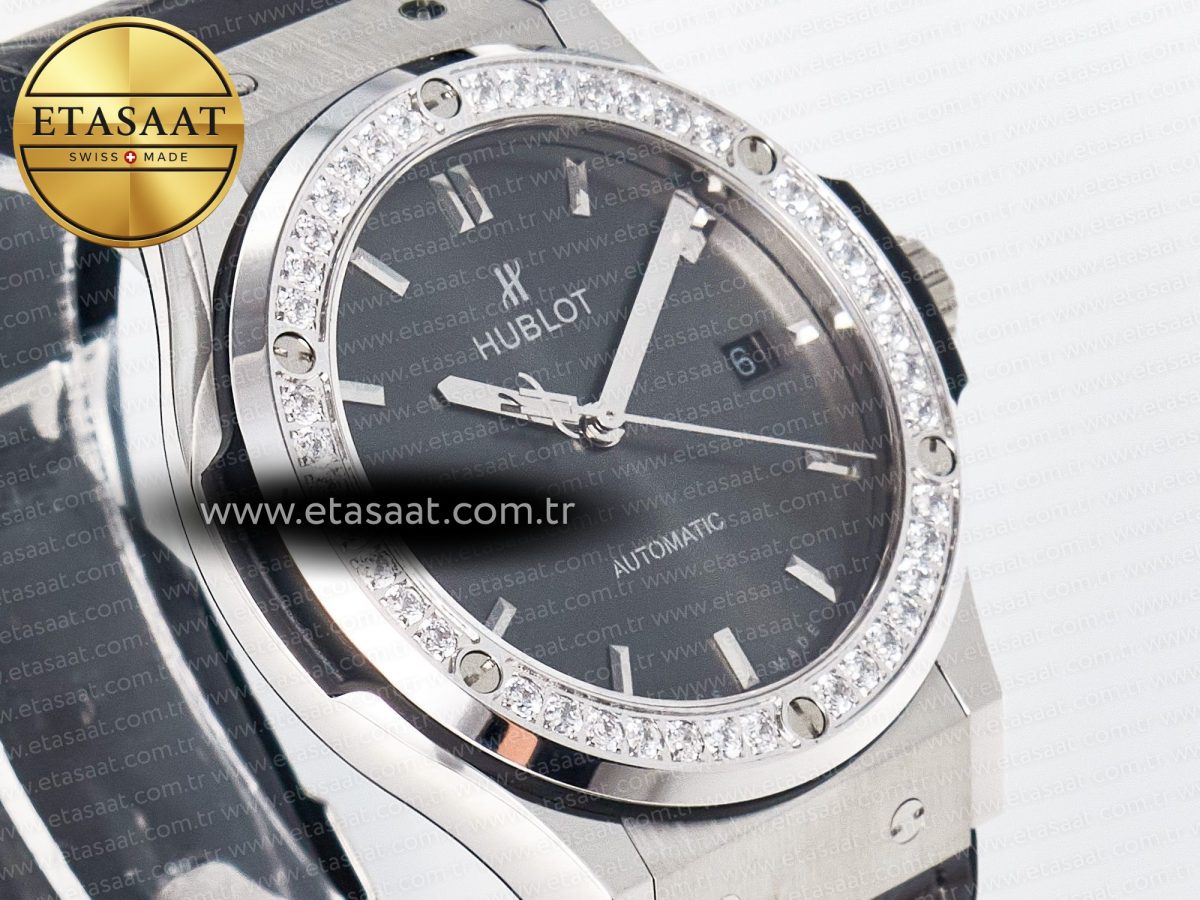 Hublot Classic Fusion Bang 42mm HBF 1:1 Best Edition Gray Dial Diamonds Bezel on Gray Leather Strap A2892 - Görsel 5