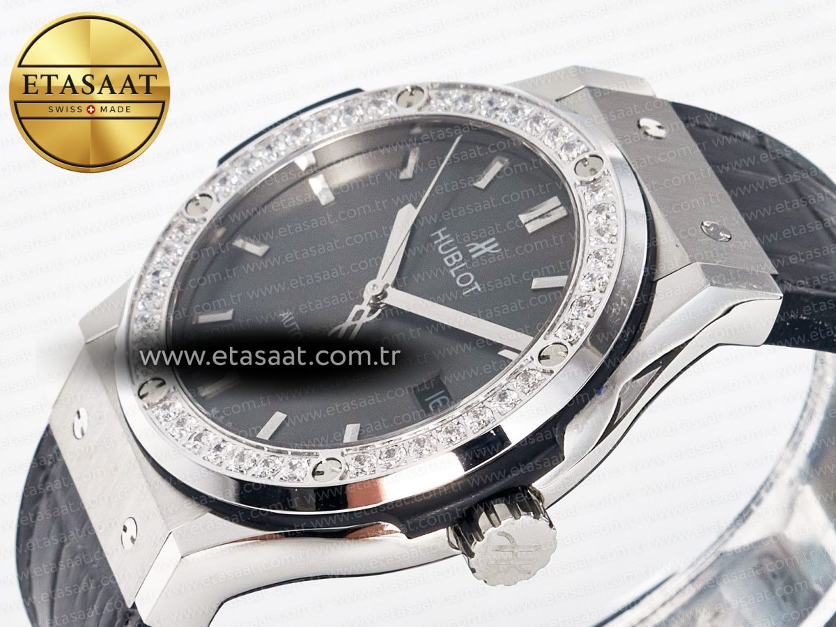 Hublot Classic Fusion Bang 42mm HBF 1:1 Best Edition Gray Dial Diamonds Bezel on Gray Leather Strap A2892 - Görsel 6
